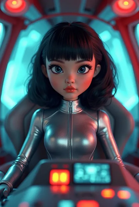 thunderbirds puppet doll style asian female big head big eyes realistic hair in silver uniform piloting spaceship with colored lighning and futuristic control panels