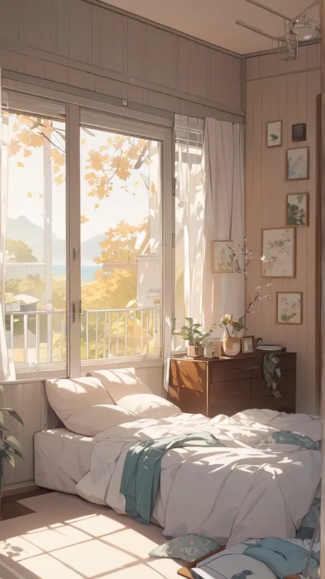 a girl、Calm expression、Short brunette、lying on bed 、 Relaxed posture BREAK At the window in my room 、( soft light):1.3、Curtains,  that blow in the wind 、 Quiet room BREAK My favorite blanket on the bed、 Surrounded by favorite objects 、 Heartwarming scene 、...