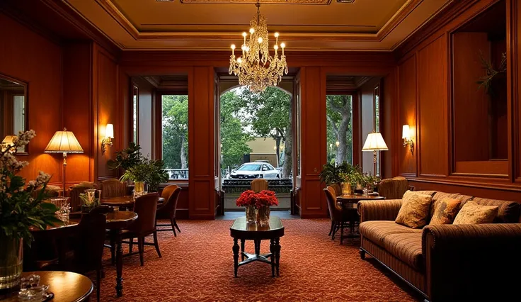 A traditional and classical luxury luxury hotel lobby café that exists in real life、 real、Photo Quality、16ｋ、best lighting、Beautiful light、 contrast between light and shadow 、 luxury sofa 、Mahogany round low table 、 chandelier、