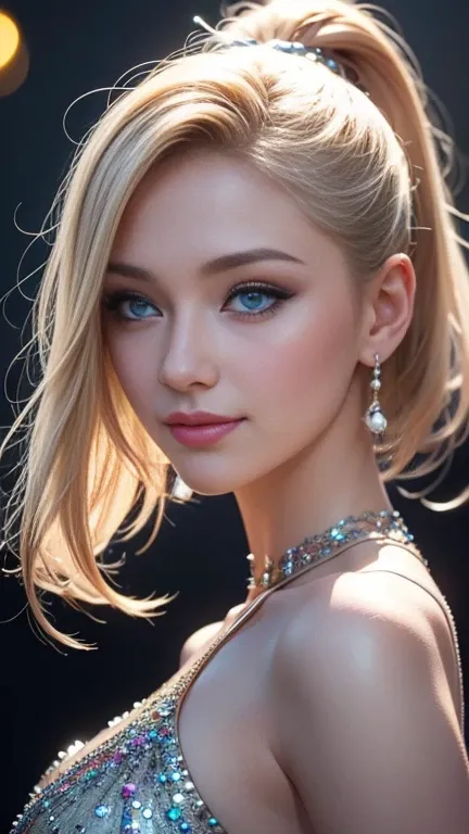 A stunning 20-year-old blonde girl with blue eyes, wearing tiny cropped top, smiling in an Instagram-style flash selfie. She has sparkly Douyin-style makeup, long lashes, cute blush, and an unbelievably beautiful, hyper-realistic appearance. The photo feat...