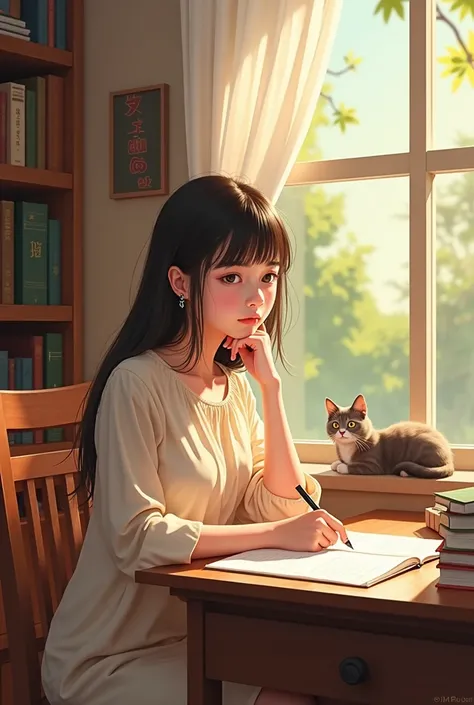 Make a wallpaper, where a girl study with seriousness by seeing many papers like a extreme busy but face is innocent. A nice cat is beside window. Written LINJA name is nicely decorated in that pic. The name take a big place, nice font.