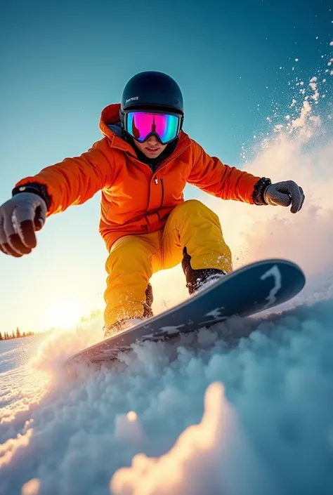 An energetic and action-packed snowboarding scene captured from a close, dynamic perspective. The snowboarder is wearing a bright orange jacket and yellow snow pants, contrasting vividly against a clear blue sky. Their reflective goggles, with a mix of pin...