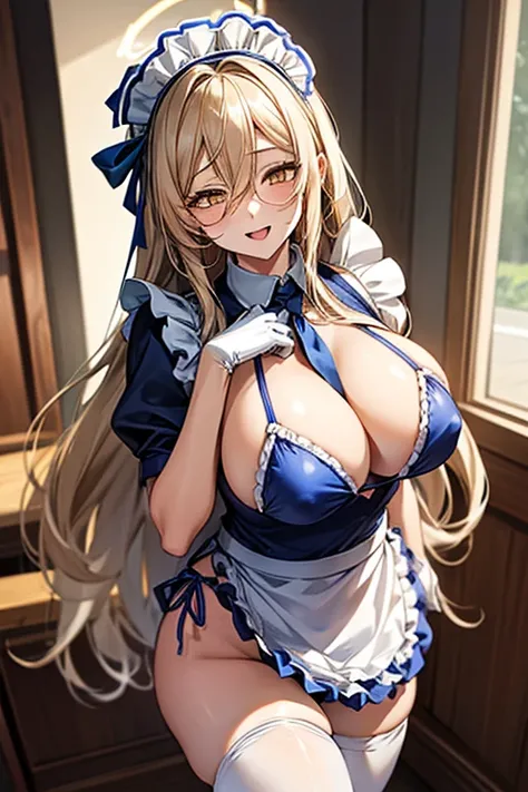 akane murokasa,(((blue maid sexy bikini))), frills, halo, very long hair, ((blonde hair1.5)),((yellow eyes1.5)),, 1girl, maid cafe, maid headdress, blue necktie, white pantyhose, brown scarf, white gloves, cafe, thighhighs, cleavage, Very detailed、highest ...