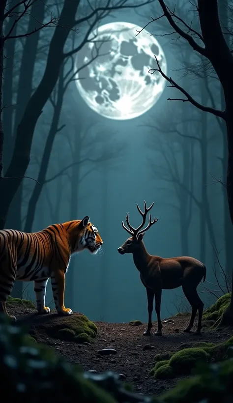 A cinematic nighttime scene deep in a dense forest under the full moon’s silver glow. A tiger and a deer stand face-to-face in a tense standoff. The tiger, with its powerful frame and orange fur striped with black, crouches low, its glowing amber eyes fixe...