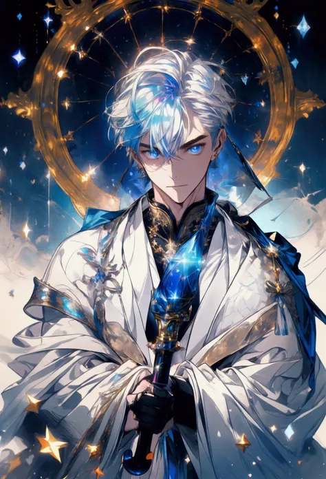 (8k,  top quality, masterpiece : 1.2),  super high resolution with two hands,  Man in his early 20s ,  white hair,  blue-eyed person wearing an umbrella, white robe with star decoration,  blue wizard suit with gold decoration, magic school classroom backgr...