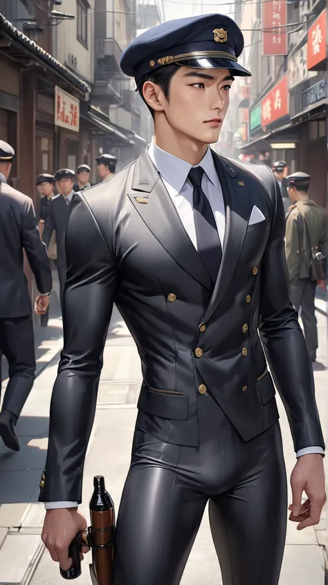 (photorealism:1.2), very Handsome japanese man, 22-27 year-old, tight suit, he is a spy, cap, doing mission, 