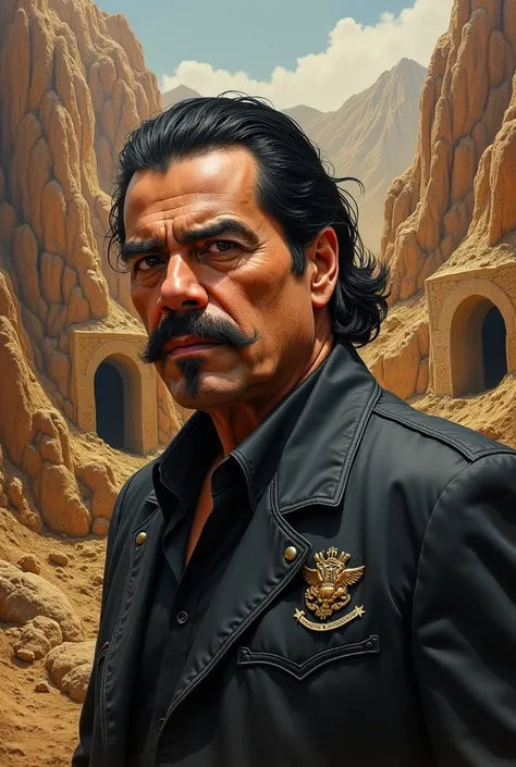 Legend of Sinaloa ":  Artistic portrait of Joaquín  "El Chapo" Guzman,  with a landscape of mountains and tunnels,  combining earth and gold colors .