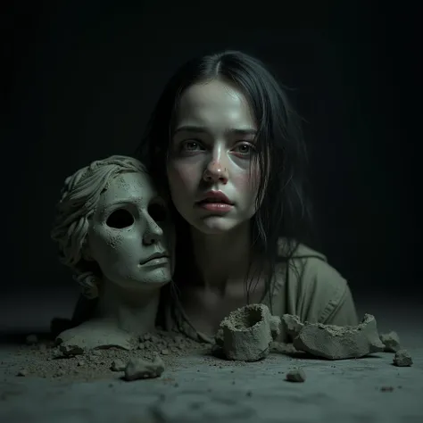 Ultra realistic photo . Dark background . On a cement floor . A woman broken mask, statue, sad.. Realistic woman face with open eyes.