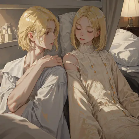 masterpiece, ((solo)), boy, (face up close), high quality, 8K, Ultra HD, actor, sunshine, beautiful lighting, straight hair, shoulder-length short hair, blonde hair, baggy clothes, noble, lying on bed, sleeping