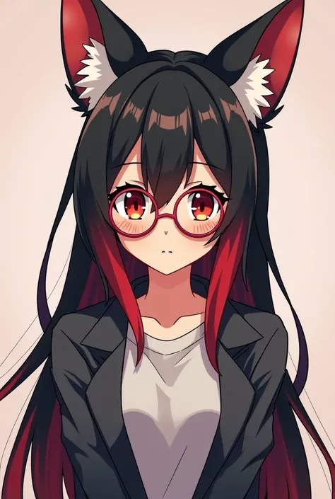 Anime girl with black hair with red locks and red eyes wearing normal clothes  ., An anime drawing inspired by Puru.,  trend in DeviantArt , Furry art, colored sketch, high quality colored sketch,  schematic art style,  girl design lush fox ears , Shaded f...