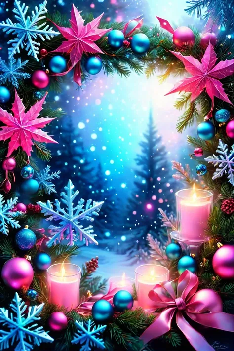  realistic,  close-up ,  with a Christmas wreath of large blue snowflakes,  and small pink cones glow effect ,  background window Ultra detail !  highest quality! super-detailed glow, frame depth, beautiful art Профи,3000 k .  dotted and clear drawing of l...