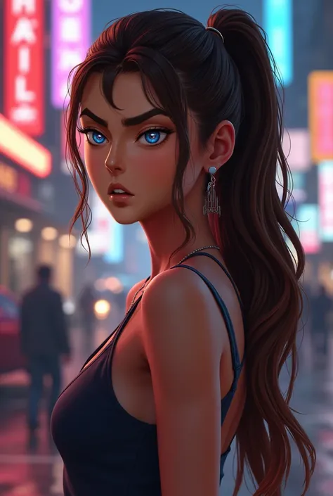 A 18 years old girl with long brown hair and blue eyes. Her hair is ties into a long ponytail. Scenario: GTA V character. 