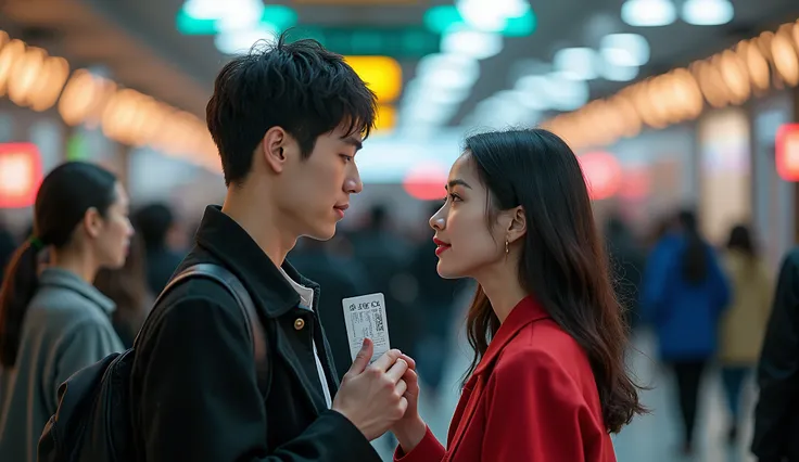   Two strangers of a different gender make eye contact with each other while holding a ticket dropped by a woman in the Seoul Station crowd, a man smiles and accidentally makes eye contact. Female breasts are firm ,Clean skin, beautiful eyes ,Smart nose, s...