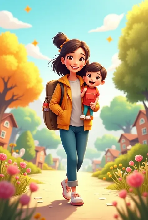 cartoon elements mother is walking forward and holding her  who is wearing a bag 