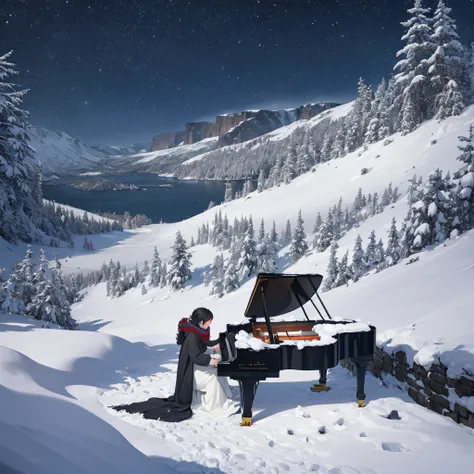 A woman in a long, flowing coat and scarf plays a grand piano on a snowy clifftop. Snowflakes drift down around her, blanketing the ground and the piano’s surface. The pale gray ocean stretches into the distance, and her song fills the cold air with a bitt...