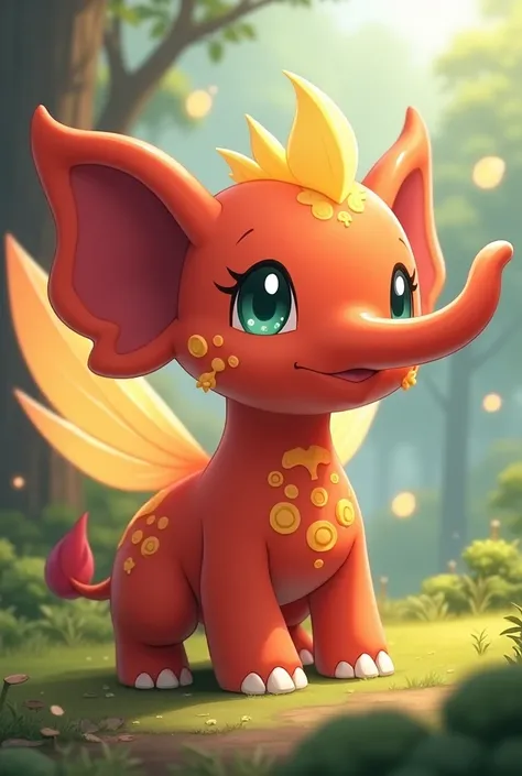 Pokemon, 3d anime, female pokemon, cub elephant, fire type, fairy type, big ear, long nose, red skin, realistic, cute