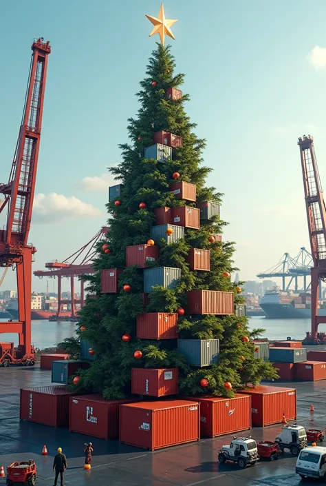 create an image of a container forming a Christmas tree in a port.
