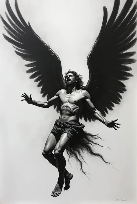 icarus in black and white drawing falling from the sky with his back to the ground.