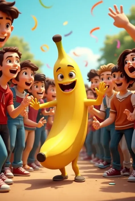 Animated banana with 21 happy teenagers (6 men and 15 women)