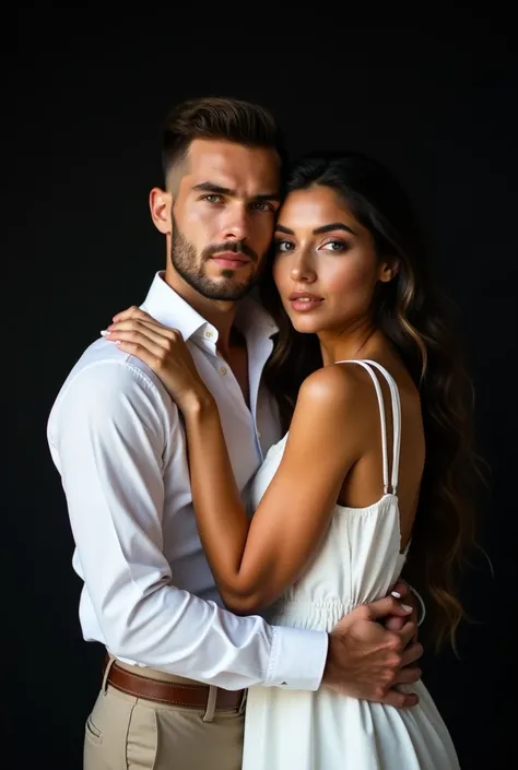  a couple clutching Antônio Medugno 26 year tall muscular blue eyes full trimmed beard cut wavy buzz cut brushed back shiny lips wearing a dress shirt linen and dress pants with his beloved Bianca Balti,27 years old,bronze-beige skin color , super long smo...