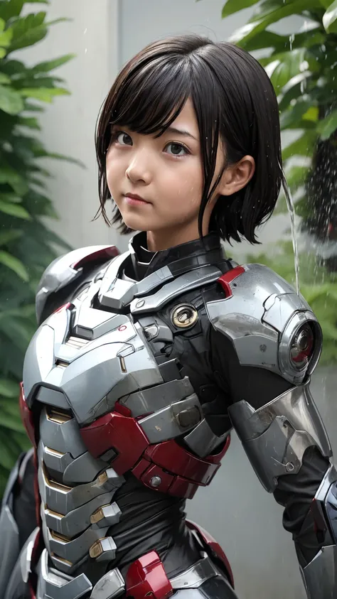  top quality　    8K Iron Man Suit Girl Elementary School Girl 　  sweat pouring out of her head  　cute　    short hair　    boyish 　  Looking up at steam    　    her hair is wet with sweat    　 black hair　 portrait  　  　   