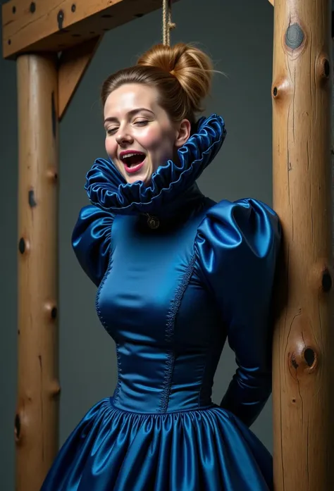 (realistic photograph close up sideways historical cheerful) (a big bust slender waist beautiful sexy looking smiling surprised lady having an orgasm with (hair bun)), (she is wearing (an exaggerated elaborate shiny indigo high neck dress with (oversized p...