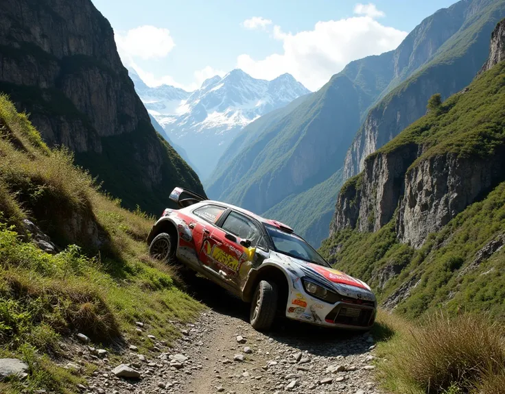 rally car, in the Greek mountains, all dented at the bottom of the ravine, Panoramic view, Hyper detailed, Hyper realistic, Photographic, 8k