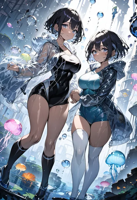 masterpiece、best quality、ultra-detailed、mature lady、curvy、breasts、hip、bob cut、black hair、grey eyes、droopy eyes、mole under eye、dark skin、competitive swimsuit、(thigh-high socks)、high-heels、raincoat、Sunken City、underwater、bubbles、Bioluminescent Jellyfish、Seaw...