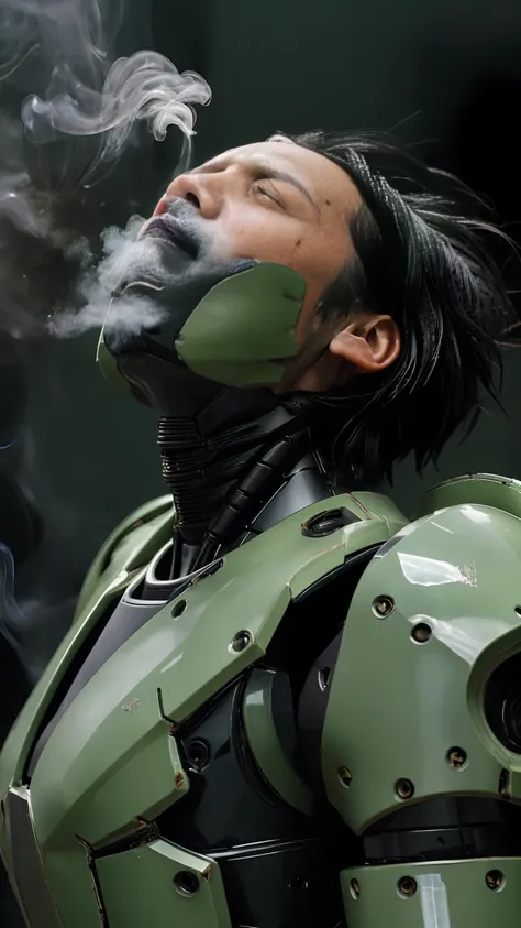 ,  非常に Detailsな,  Details,  high image quality, 最 high image quality,   high definition  , 1080P 、 smoke coming out of the wound  　 green armor 、  wearing green and black clothes 、cute((全身のSerious damage))(  injured woman in robot suit...)()(Broken Armor)(...