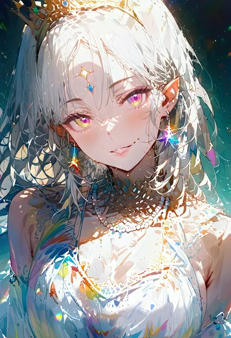 a middle-aged elf woman, grown-up, sexy, mature, queen, a rainbow dress ,rainbow eyes, silver hair, makeup, multicolored eyes, glowing eyes, happy, pointy ears, white Sandals, rainbow crystal earrings, light smile, rainbow crown, rainbow jewelry, bead neck...