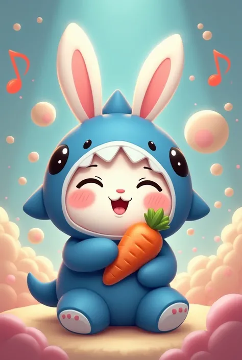  Make me avatar 1 chibi rabbit chill chill soaking russian singing, has the shape of a musical note or sound,  wearing a blue suit in the shape of a shark, holding a carrot 