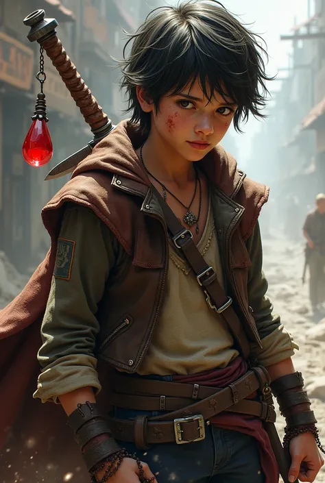 A teenage bounty hunter holds a sword and loves to fight. He has scars, a sword with an iron blade and a wooden handle from which a red jewel hangs