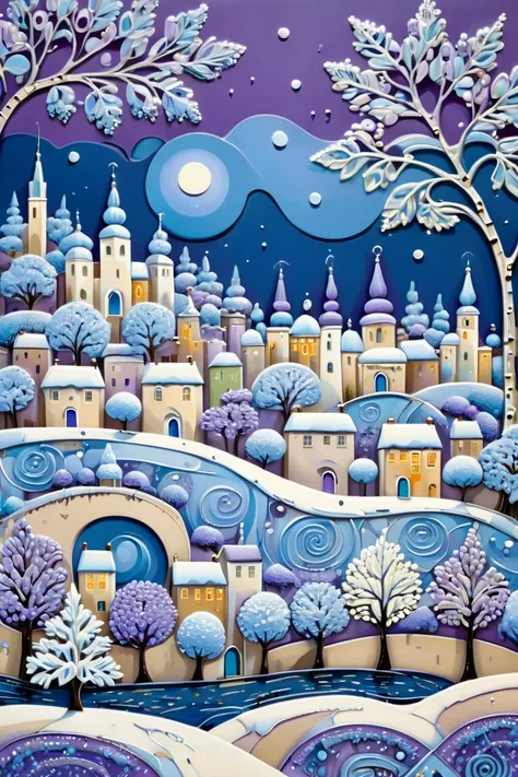 relief ,  beads , city, winter,
 naive art , cartoony, blue, white,  Silver ,  lilac , blue, beige,  purple 