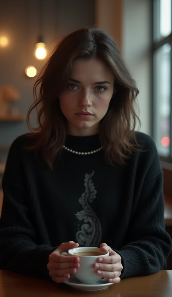 Marta wearing a black sweater is sitting drinking coffee in a blurry coffee shop.