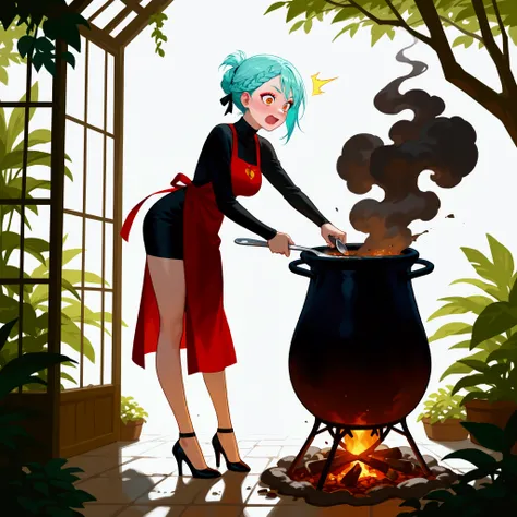 1girl, full body, huge cauldron, smoke from cauldron, mixing with long spoon, (best quality), 8k, masterpiece, aqua hair, short hair, braided bangs (hairstyle), calm, BREAK, orange eyes, blushing:1.2, surprised face, BREAK, freckles, BREAK, perfect face, m...