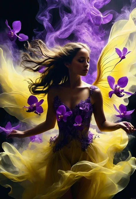 Hyperrealistic airbrushed drawing in the style of Marc Allante and Alan Aldridge, a black and purple orchid that transforms into a girl with a mystical double exposure, locks of her hair that transform into delicate leaves and petals that flutter with the ...