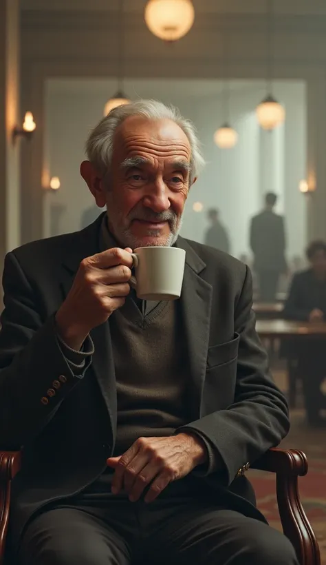 An old man with a small smile ,  senate drinking coffee and in the back there is a blurry cafeteria with no person.
