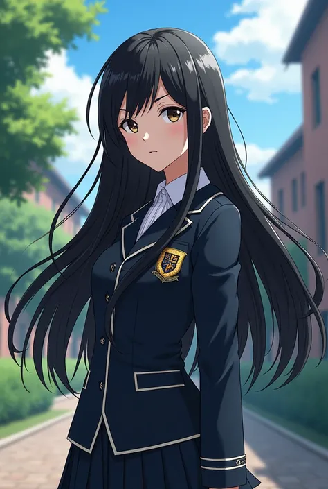 Girl with long black hair,  with the UA uniform 