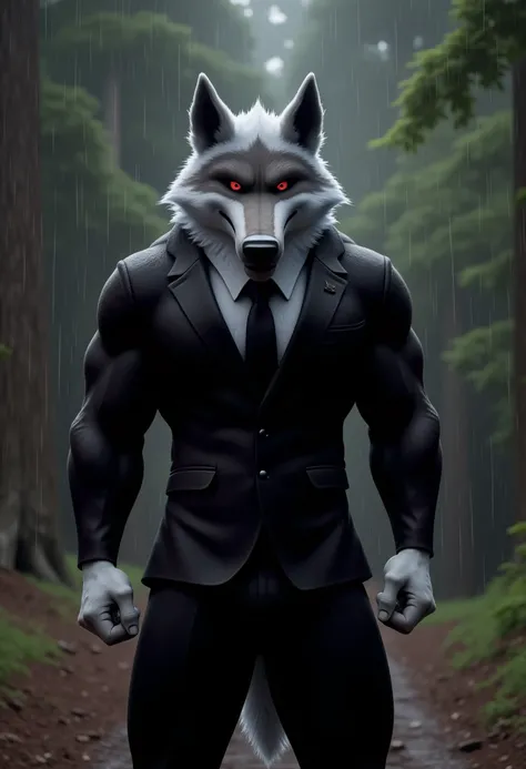 (Masterpiece:1.4)  A big muscular wolf strong red eyes creepy expression visible biceps he is wearing a black suit with black tailoring pants flexing his muscular arms. In an enclosed forest raining Canon EOS R5 camera , 50mm lens, F/2.8, 