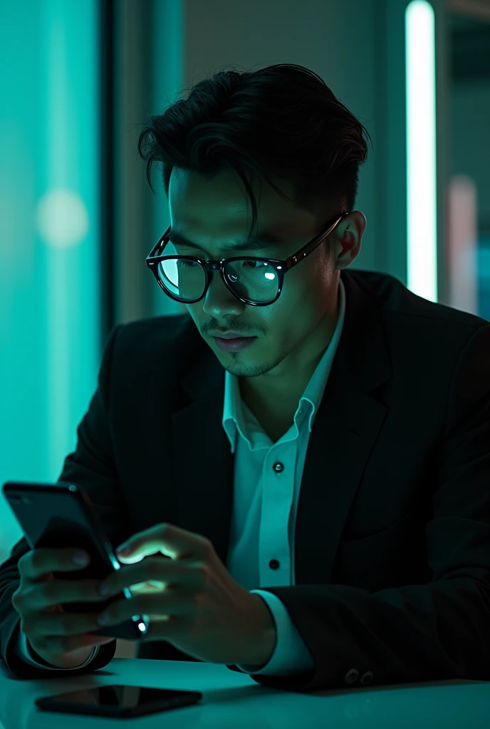 Create one of the male cyber character (Young, moreno/mulato, thin, elegant hair,  eyeglasses )  aesthetic in a modern and discreet environment ,  using social clothing with futuristic touches .  He is seated or leaning against a table ,  typing on the cel...