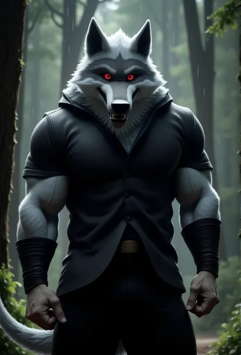 (Masterpiece:1.4)  A big muscular wolf strong red eyes creepy expression visible biceps he is wearing a black suit with black tailoring pants flexing his muscular arms. In an enclosed forest raining Canon EOS R5 camera , 50mm lens, F/2.8, lust 