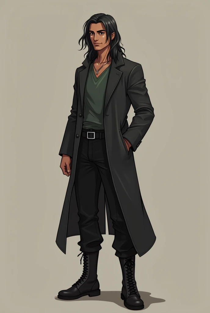 A Man Who Has Tan Skin, Brown Eyes, Long, Black Hair With Some Grey Steaks, A Handsome Look, Is Tall, And Wears Long, Dark Colored Clothing, Similar, Wears  Black Combat Boots, Make The Style Simple But Realistic And Artistic, Like A Cartoon