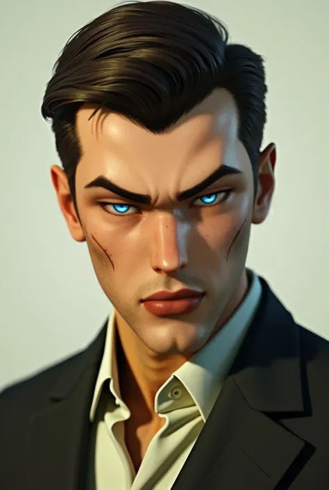 A 40 years old man with short dark brown hair and with green eyes. His green eyes are without pupil. His lips are big and his skin is yellow. Prompt: GTA V Character(fancy clothes)