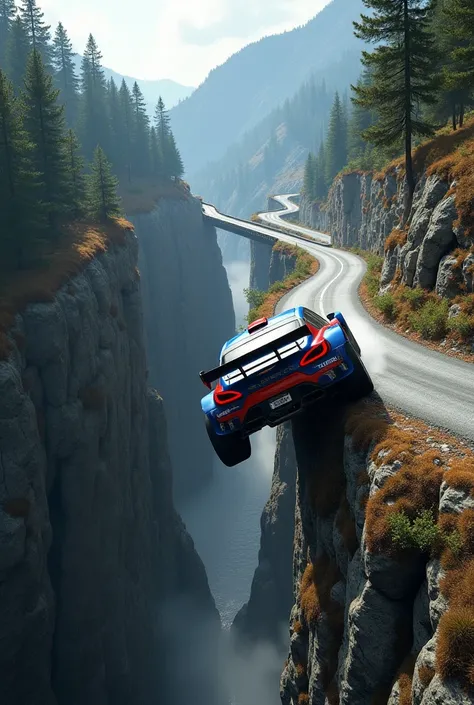 in the hills, rally car falling into a ravine, Top view, Highly detailed, Highly realistic, Photographic, 8k