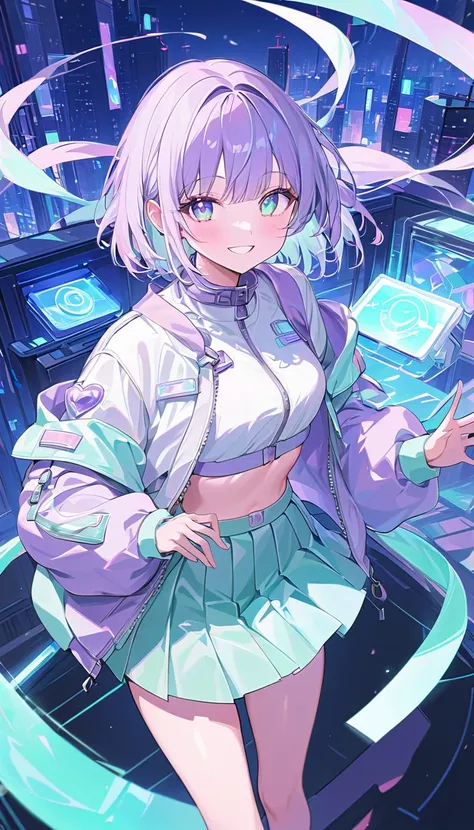 ((masterpiece)), ((best aesthetics)), ((super resolution)), ((best quality)), futuristic anime-style outfit, pastel purple hair, ((bob hair)), pastel purple cropped bomber jacket, layered pleated skirt in pale gray and pastel green, (18 years old), translu...