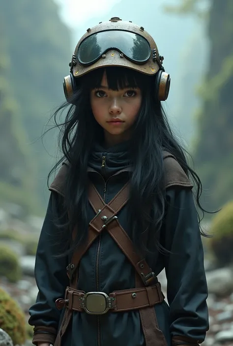 A girl with black hair and adventure helmet and no face