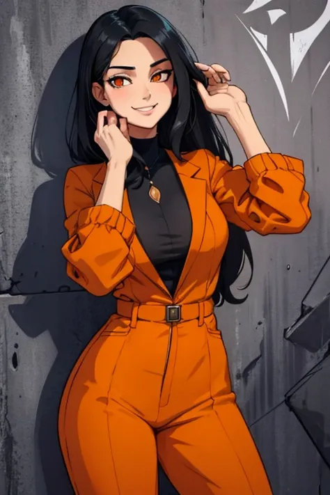 Perfect face. Perfect hands. A black haired woman with orange eyes in a cool orange suit is smiling while leaning against the wall in a Gothic ballroom