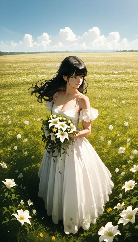 1 girl, white dress, black hair, standing alone in the middle of flower field,  white flower, lots of flower, cinematic, beautiful