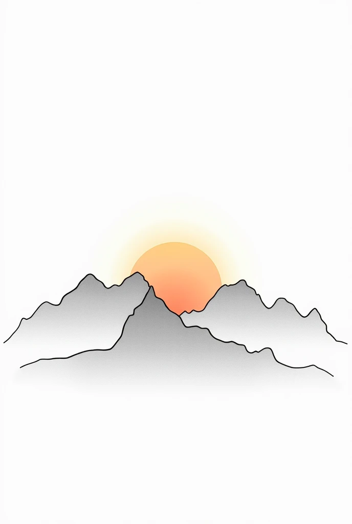 A minimalist mountain landscape with a rising sun, drawn in thin black lines and a light orange sun, centered on a white background.