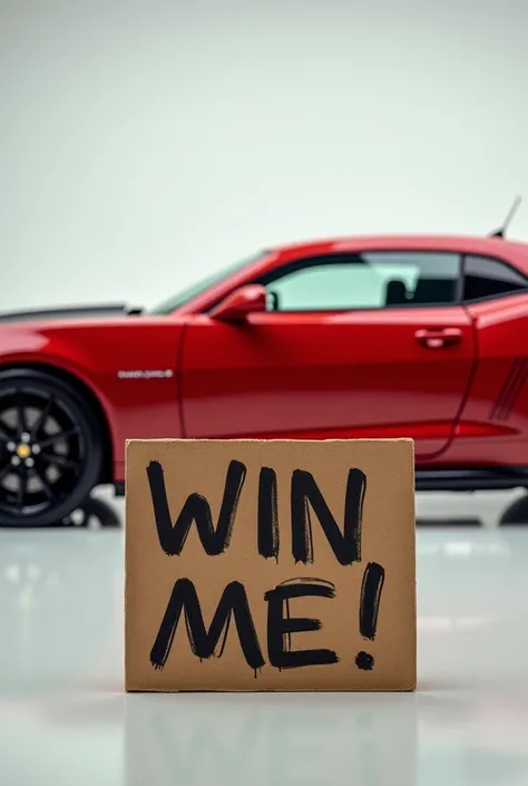 2015 red Chevrolet Camaro with “Win Me” written on a cardboard